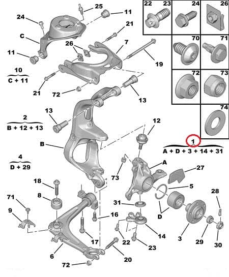Käändtelg eesmine parem komplektne OEM Citroen C5/C6, Peugeot 407