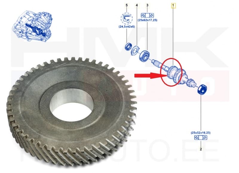 6-käigu hammasratas peavõllile 51H Ø35mm Renault PF6 k.kast  28/51 2014-