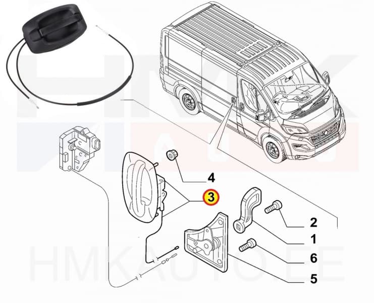 Ukselink liuguksele, välimine parem OEM Jumper/Boxer/Ducato 2018-  trossidega (värvitav)