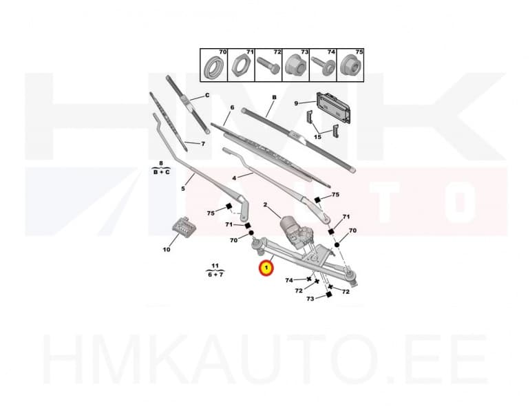 Klaasipühkijate hoovastik ilma mootorita OEM Peugeot 206