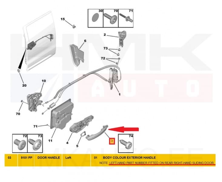 Ukselink liuguksele, välimine parem OEM Jumpy/Expert 2016- (värvitav)