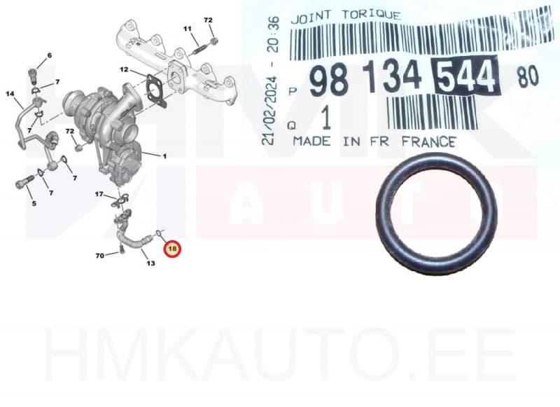 Turbo õli tagasivoolutoru tihend (O-rõngas)OEM Citroen/Peugeot 1,5BlueHDI DV5R