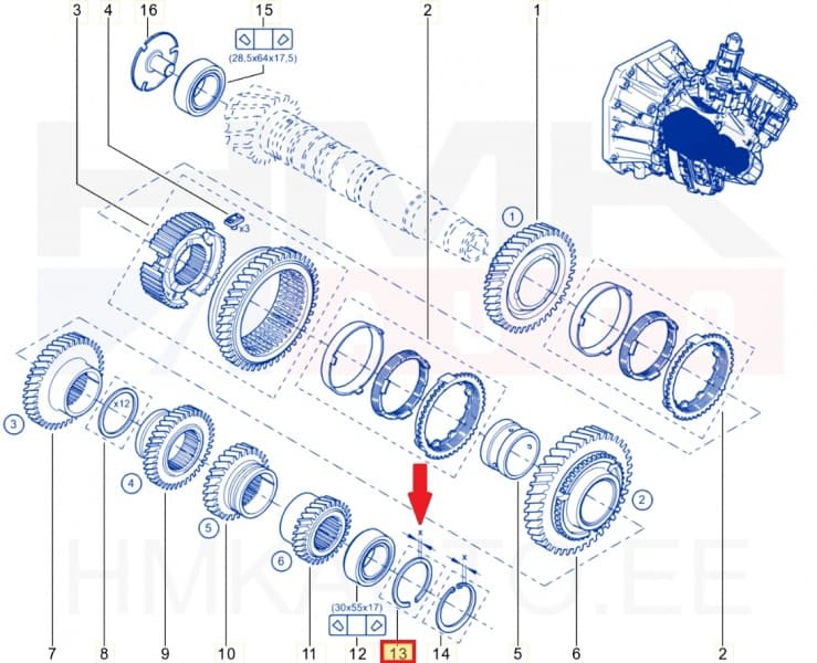 Käigukasti laagri distantsseibide komplekt OEM Renault k.kast 1.72-->2.2mm (10tk.)