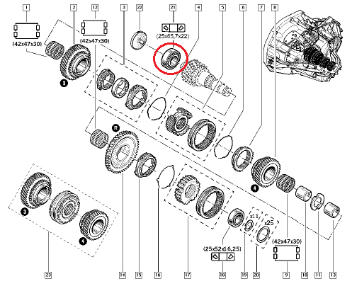 **Käigukasti laager 25x65,7x22 Renault PK5/PK6