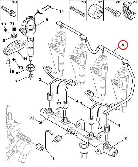 Pihustite tagasivoolutoru OEM Citroen/Peugeot 2,0HDI