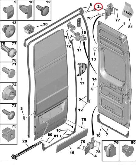 Tagaukse hing ülemine vasak OEM Jumper/Boxer/Ducato 2006- (180° avanevad uksed)