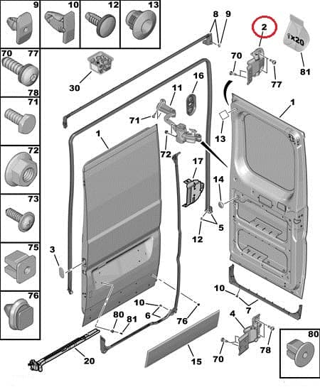 'Tagaukse hing ülemine parem OEM Jumper/Boxer/Ducato 2006- (180° avanevad uksed)