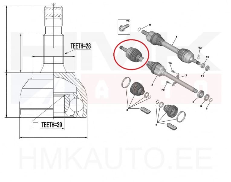 Veovõlli ots välimine Citroen C4/DS4/DS5 - Peugeot 308/3008/5008 25/39h.