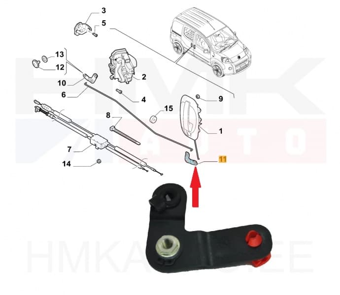 Ukselukusti varda liigend liuguksele, eesmine parem OEM Nemo/Bipper/Fiorino