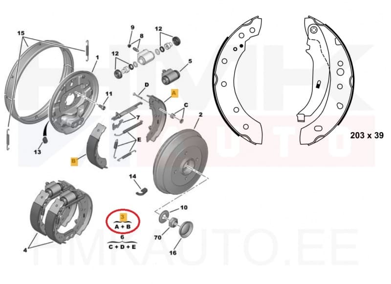 Trummelpiduriklotsid OEM Peugeot 206 203mm