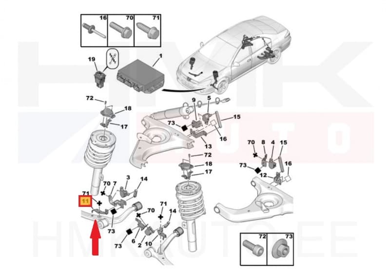 Tulede/nivoo kõrguseanduri hoova kinnitus, esisillale parem OEM Peugeot 607