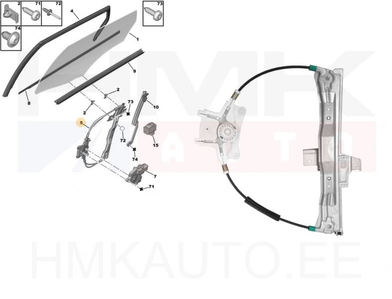 Klaasitõstuk tagumine parem (elektriline, ilma mootorita) OEM Peugeot 407
