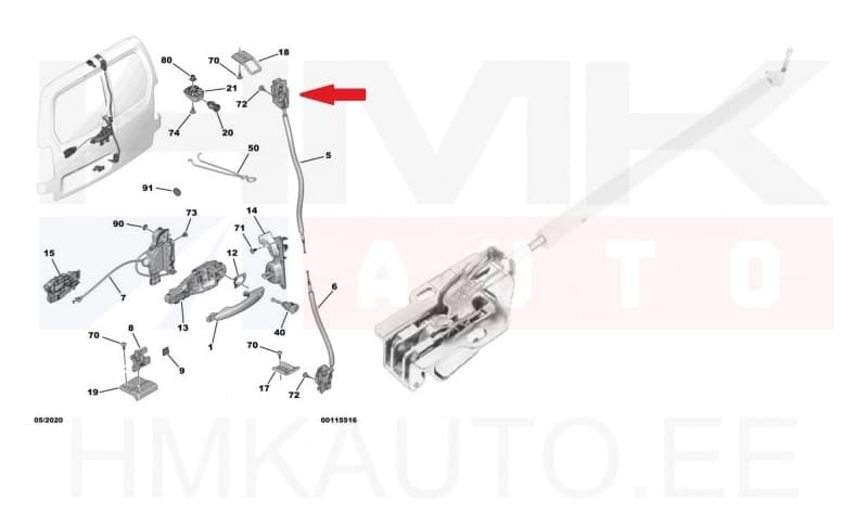 Ukselukusti tagauksele, ülemine parem OEM Citroen Berlingo/Peugeot Partner 2018-