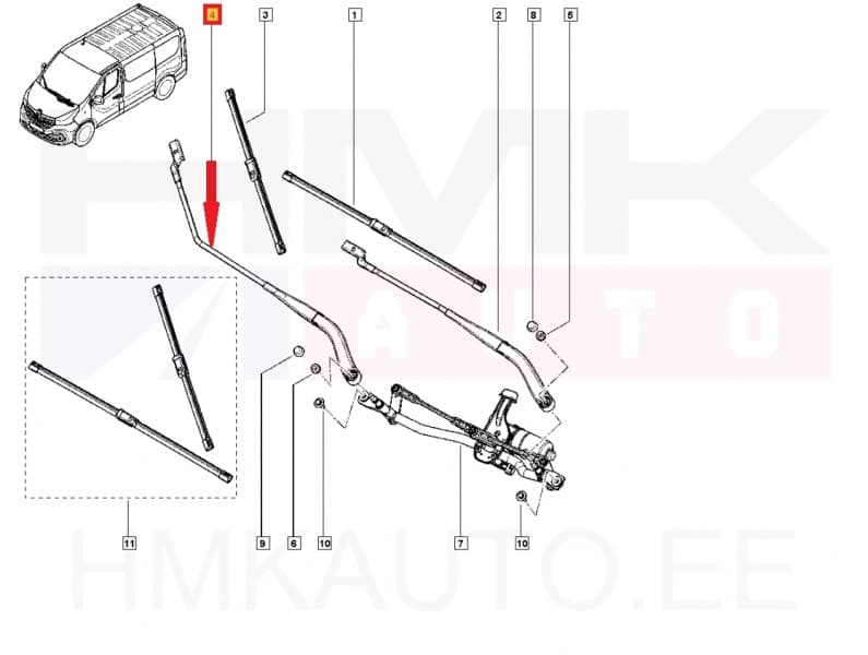 Klaasipühkija vars parem OEM Renault Trafic III 2014-