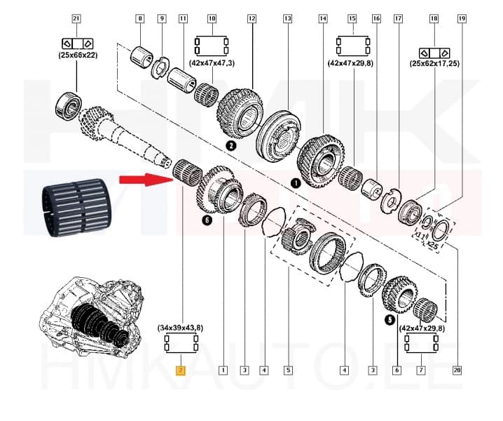 Käigukasti nõellaager 6-käik 34x39x44 OEM Renault PF6