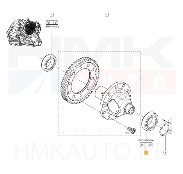Käigukasti laager (differentsiaal vasak) 38,5x67x16,64 OEM Renault