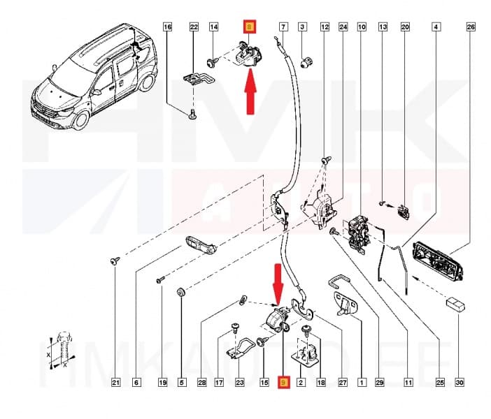 Ukselukusti tagauksele, parem ülemine/alumine OEM Dacia Dokker