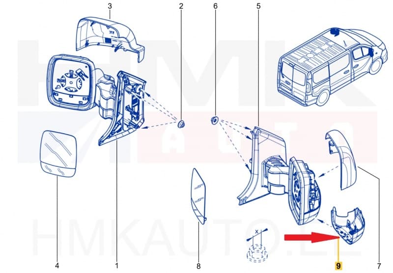 Uksepeegli korpus parem OEM Renault Trafic 2014- alumine must