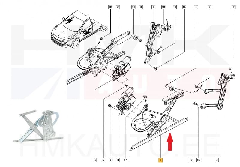 Klaasitõstuk eesmine vasak (elektriline, ilma mootorita) Renault Megane III / Clio III